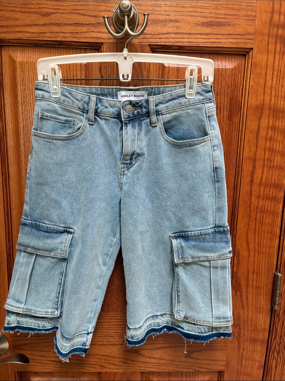 Ashley Mason Light Wash Denim Cargo Shorts with Raw Hem